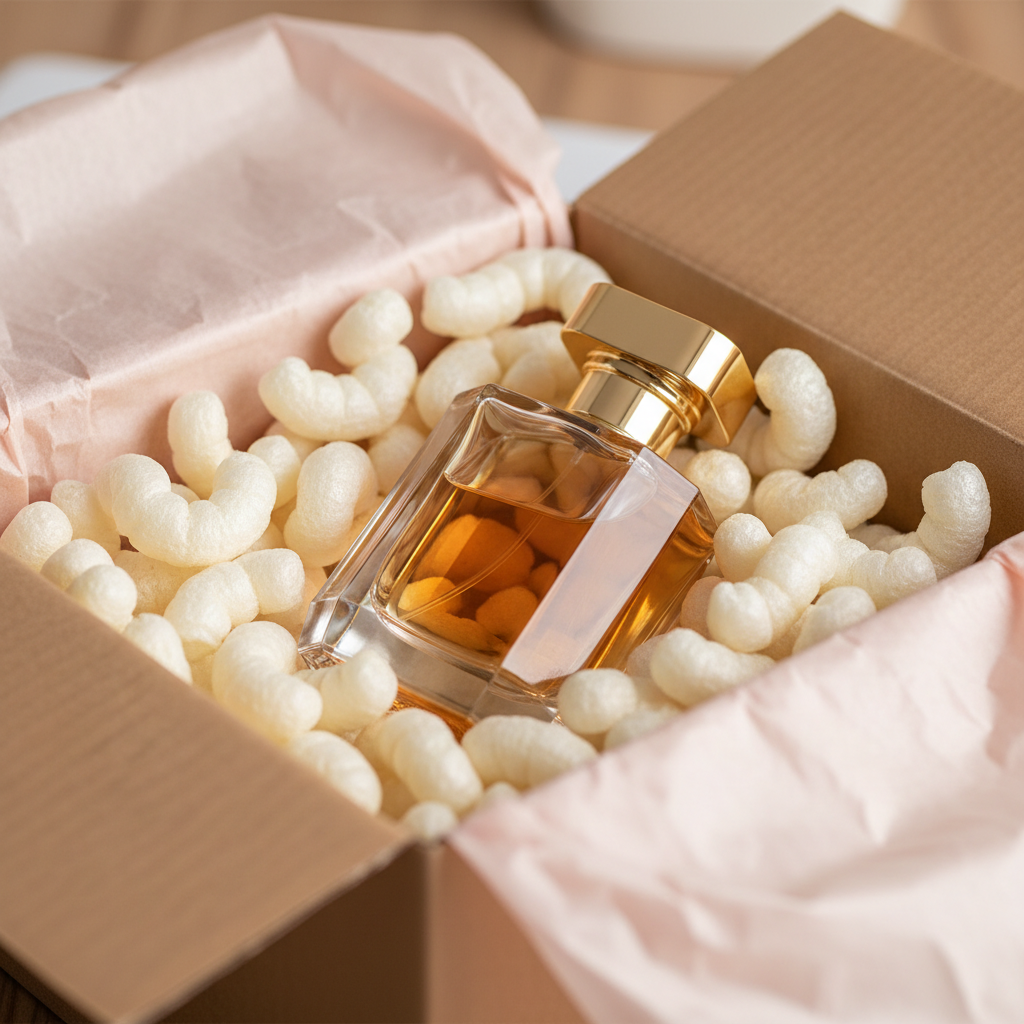 Close-up of a premium perfume bottle being cushioned for fast shipping perfume orders with protective packing