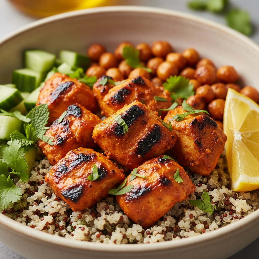 High-protein Indian-inspired bowl with chicken tikka, quinoa, chickpeas, cucumber, and herbs for diet meal delivery in Toronto