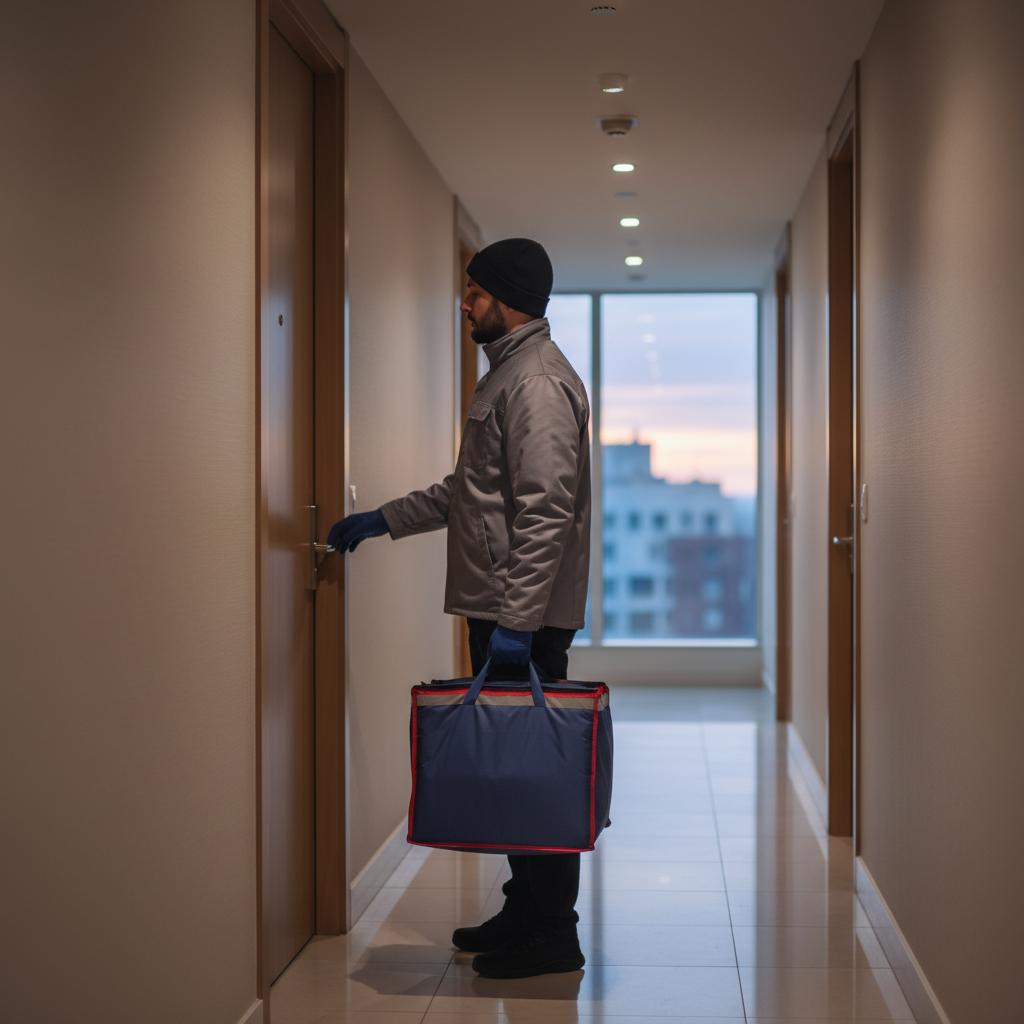 Early-morning condo hallway delivery scene for Toronto diet meal delivery, courier with insulated bags outside an apartment door
