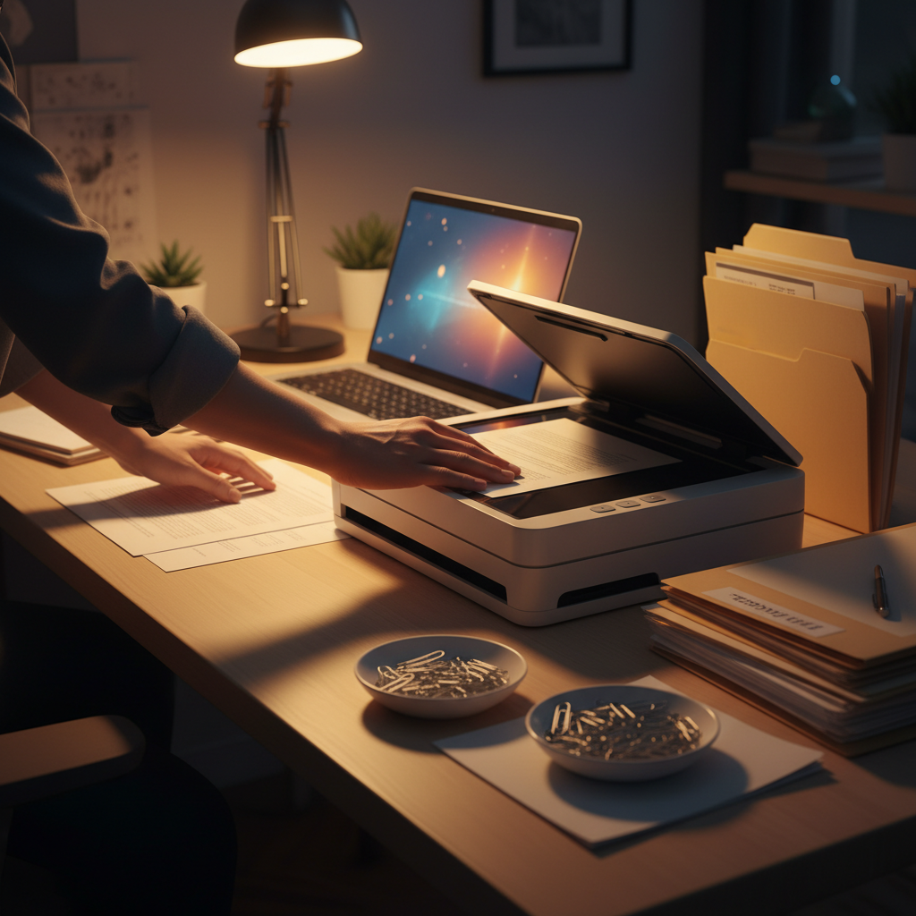 Scanning visitor visa documents at a home workspace beside a laptop to prepare a Canada visitor visa checklist