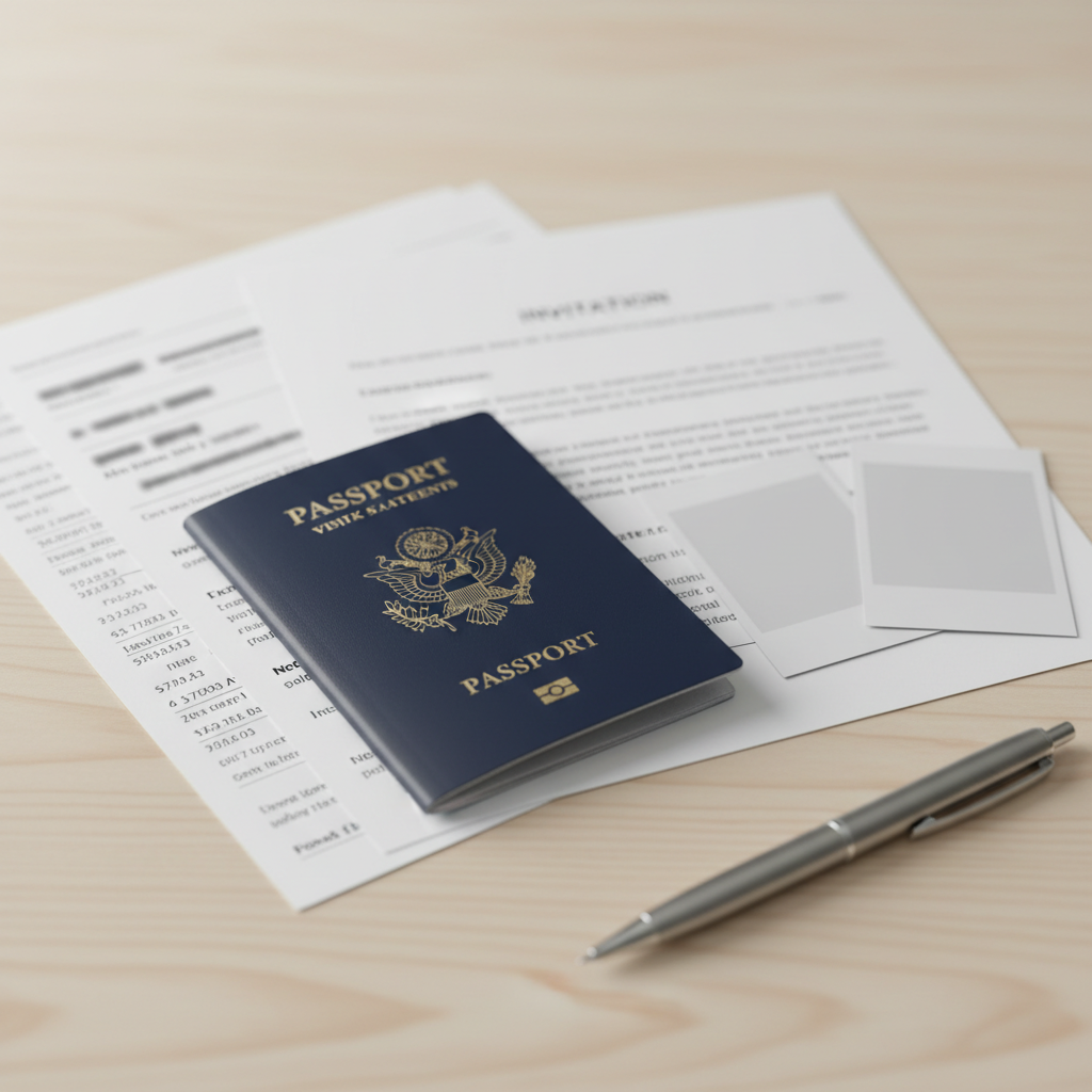 Close-up of Canada visitor visa documents checklist: passport, proof of funds, invitation letter, and two photos arranged neatly