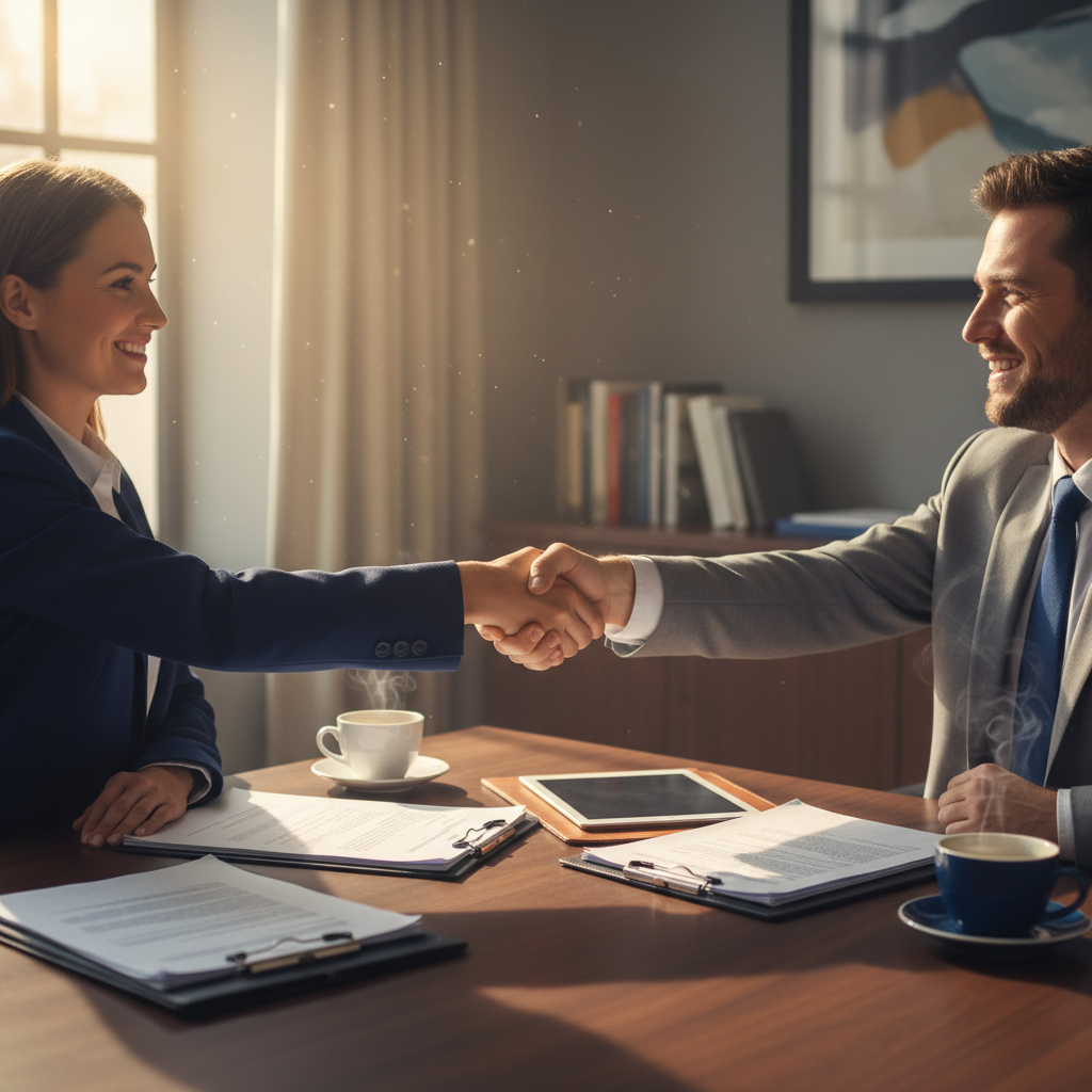 Handshake with mortgage broker after comparing mortgage rates and features in a professional office setting