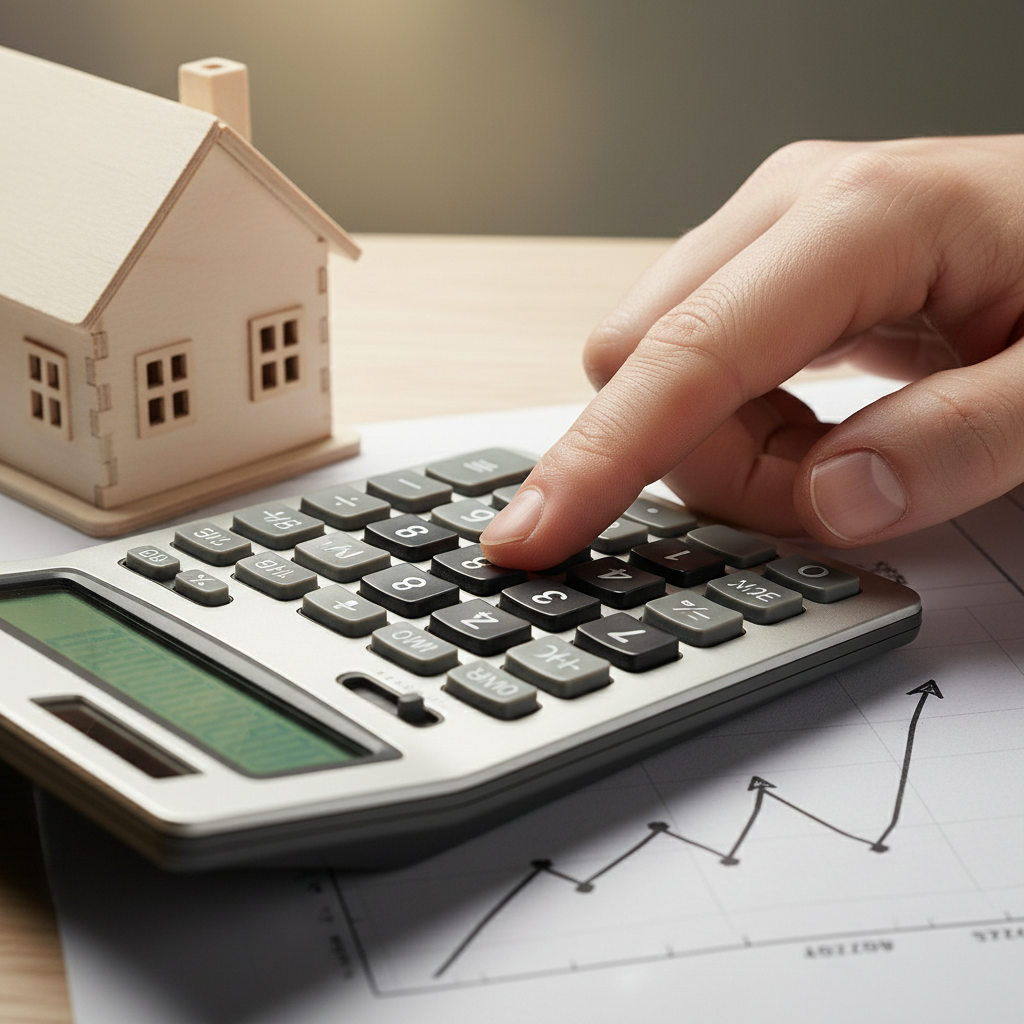 Close-up of hands comparing mortgage interest rates with a calculator and house model, illustrating fixed, variable, and split rate choices