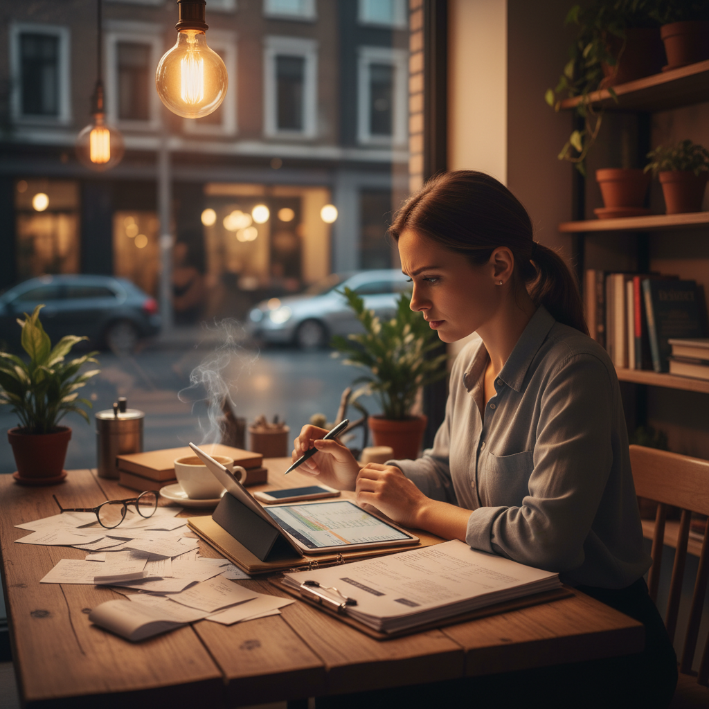 Small business owner organizing receipts and invoices with a tablet in a cafe, illustrating preparation for a tax planning review in Parramatta