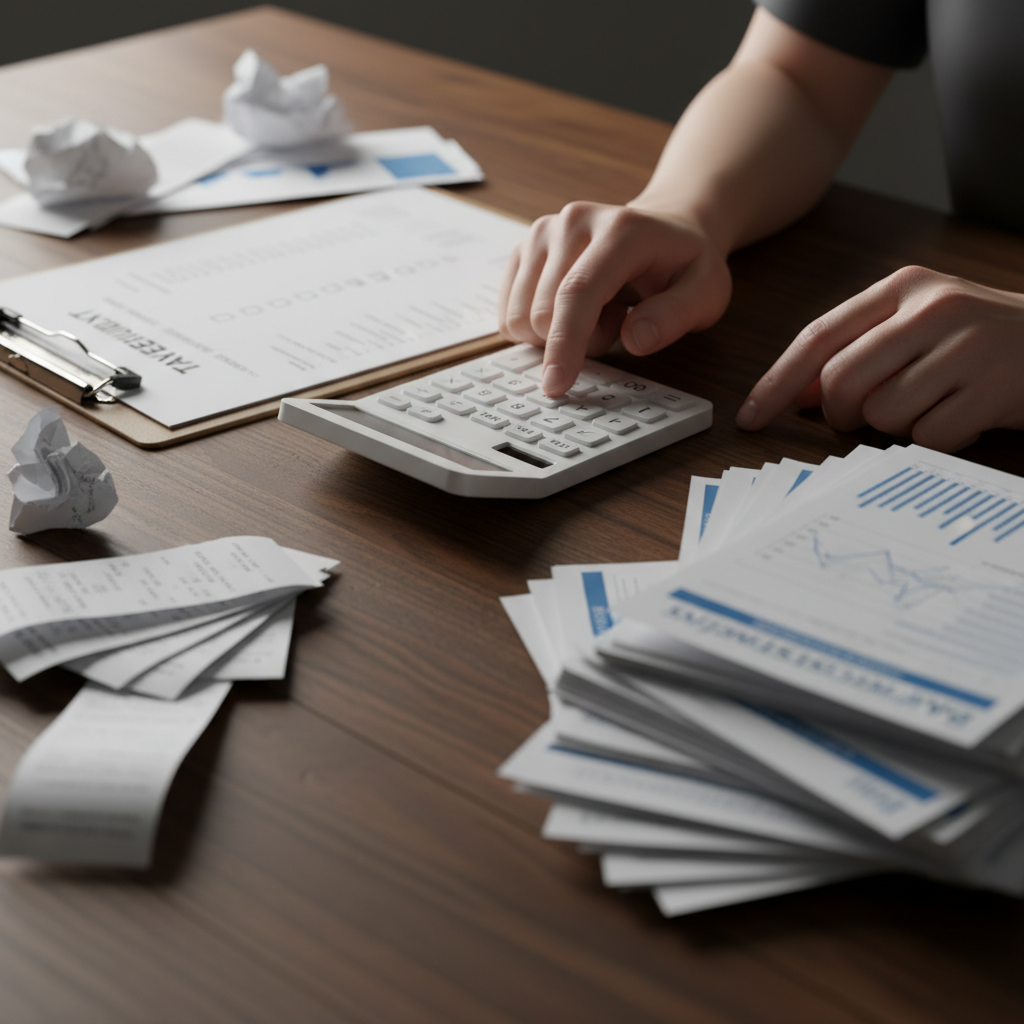 Close-up of hands using a calculator beside a tax planning review checklist and receipts, emphasizing documentation for tax planning review tips