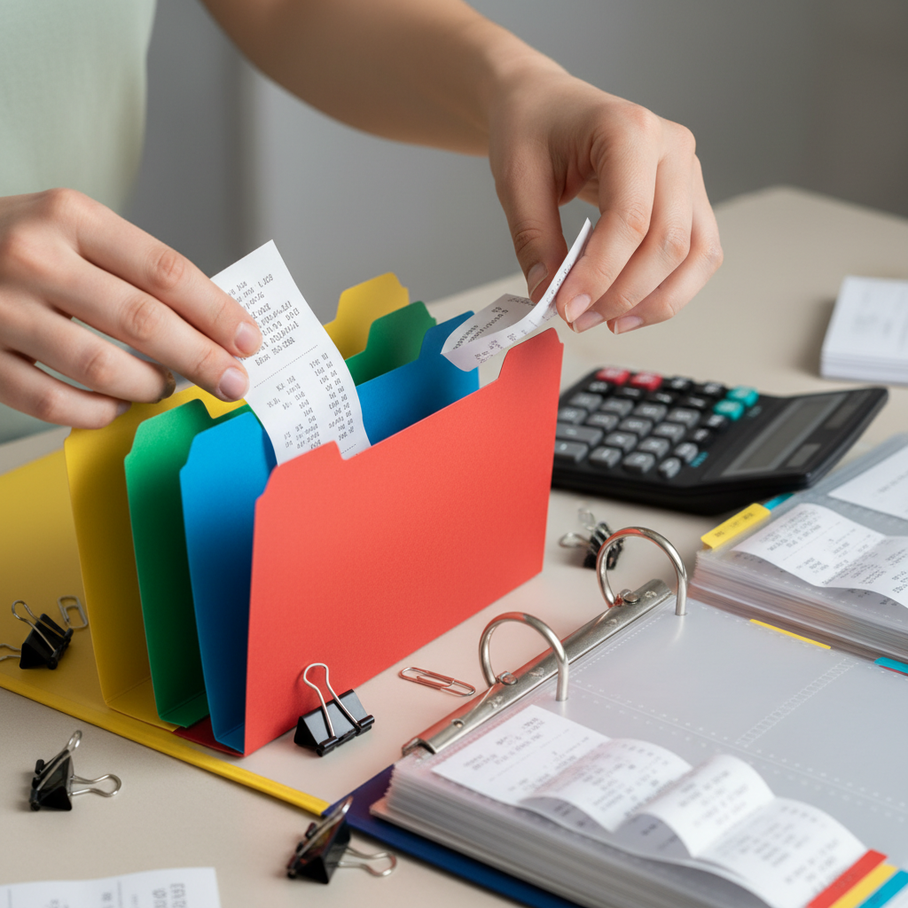 Close-up of hands organizing SME bookkeeping receipts into folders for audit-ready records