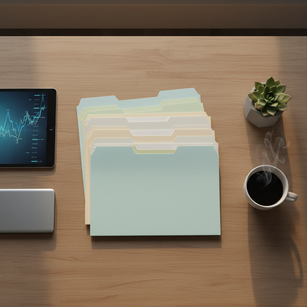 Top-down view of a cloud bookkeeping workflow for SMEs with organized folders and devices