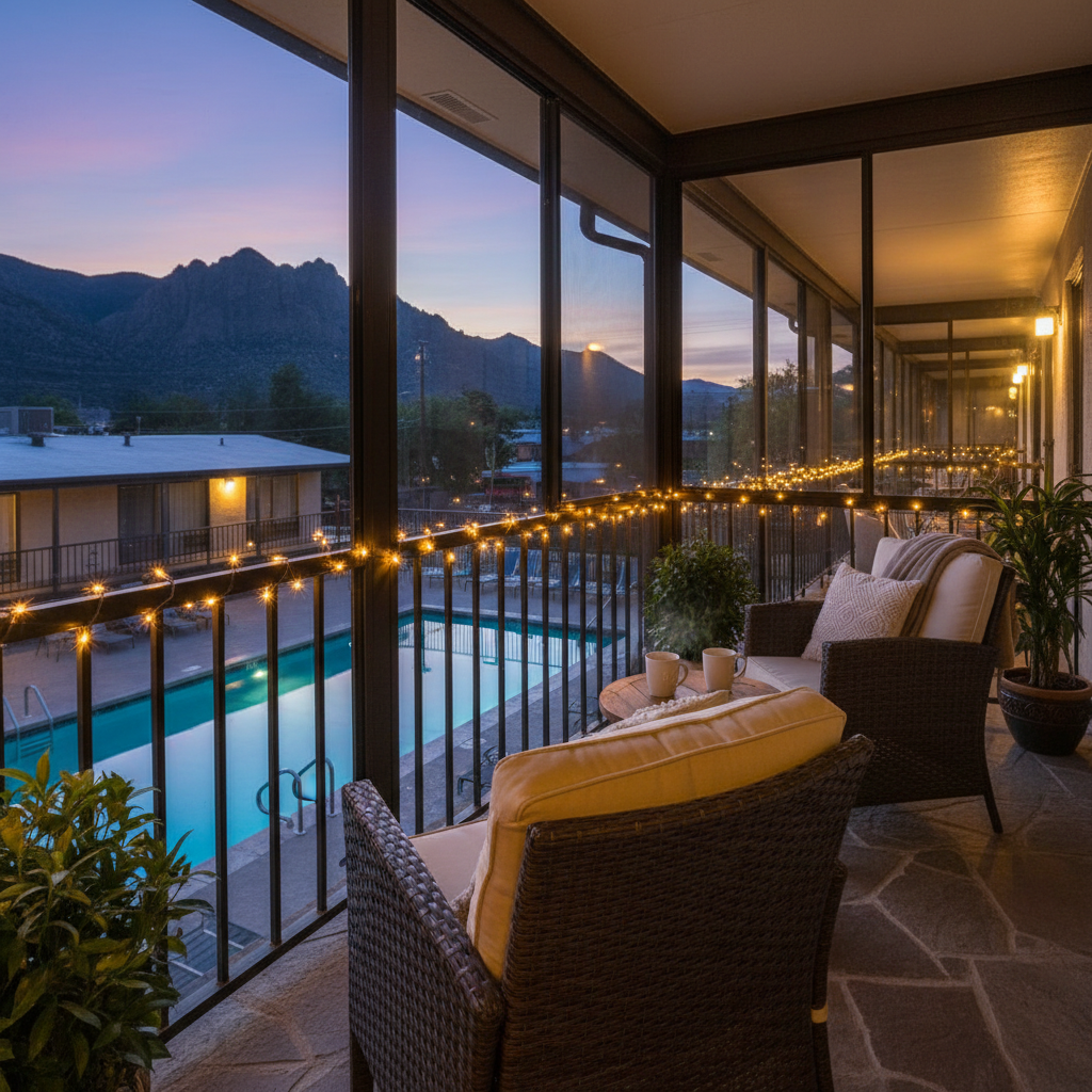 Cozy enclosed porch at Briarcliff Motel with mountain view and pool lights, perfect for family downtime