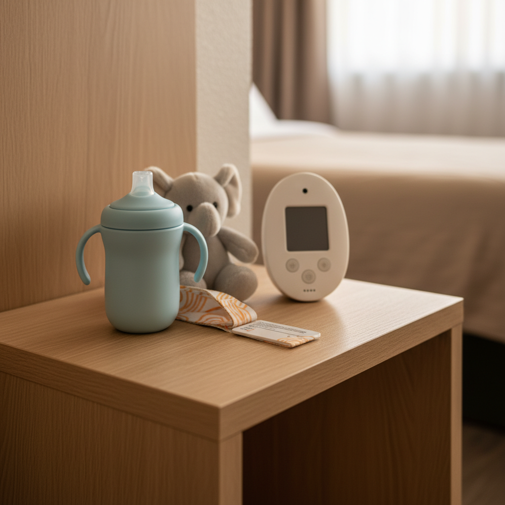 Kid-friendly nightstand essentials in a renovated Briarcliff Motel room, ideal for children-welcome lodging routines