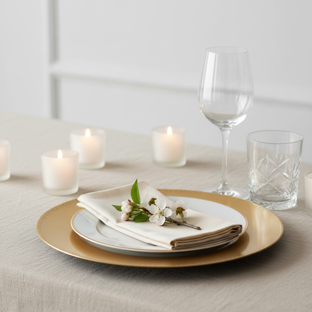 Close-up wedding tablescape prototype with gold-rimmed charger, crystal glassware, silk napkin, and candles for choosing wedding decor style