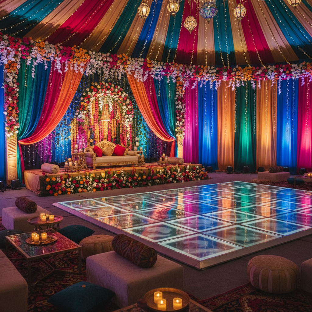Vibrant sangeet stage with floral installations, colorful uplighting, and lounge seating demonstrating cohesive South Asian wedding decor style