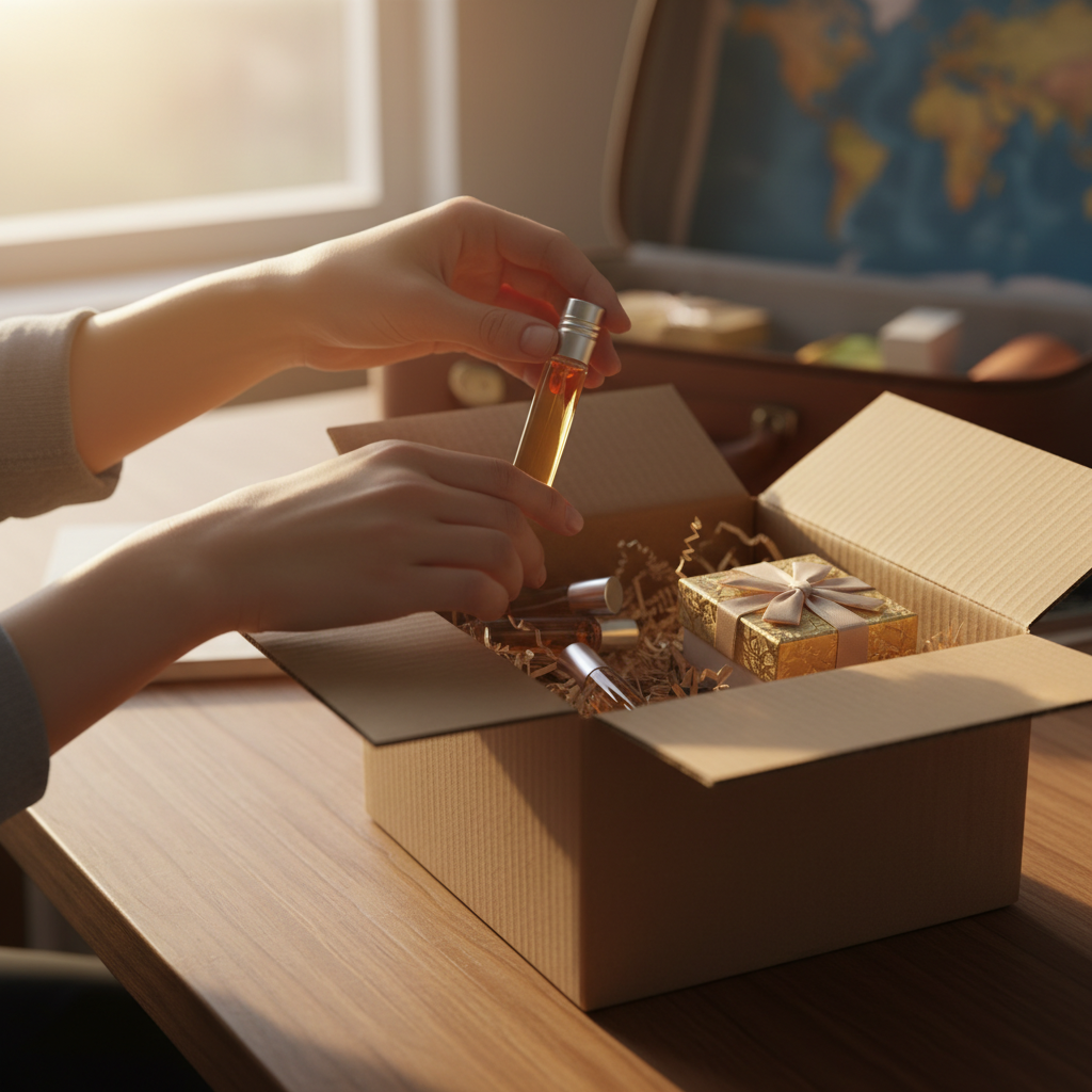 Packing travel-size perfume vials and a gift-ready box to meet a free shipping perfume threshold in one shipment