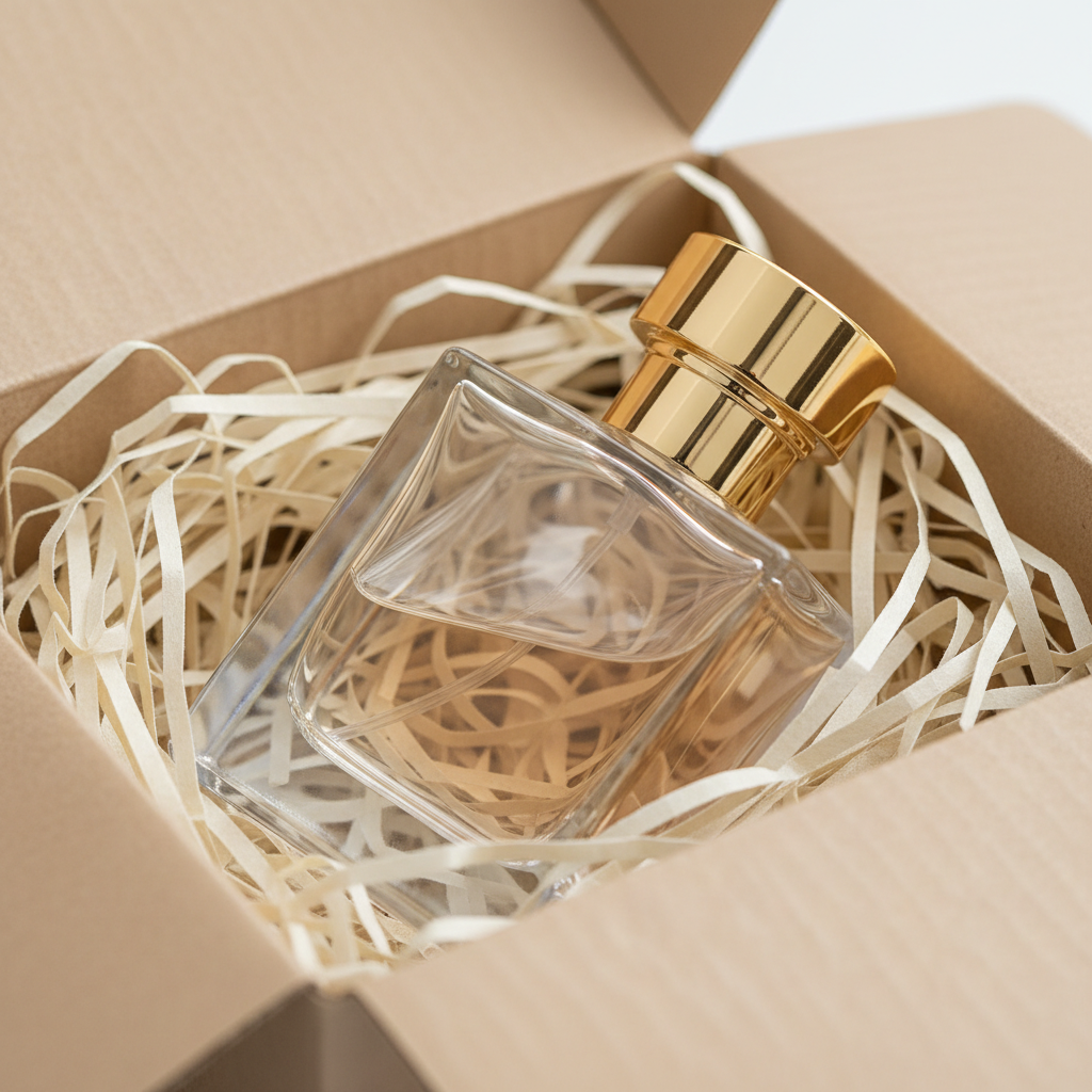 Close-up of a luxury perfume bottle in eco-friendly packaging illustrating perfume shipping preparation for free-shipping thresholds
