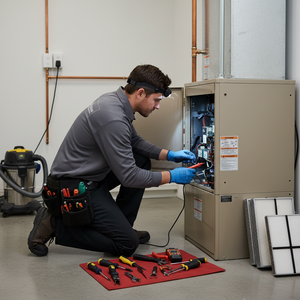 HVAC technician inspecting a residential furnace during a scheduled walkthrough, illustrating how to find home service professionals for HVAC