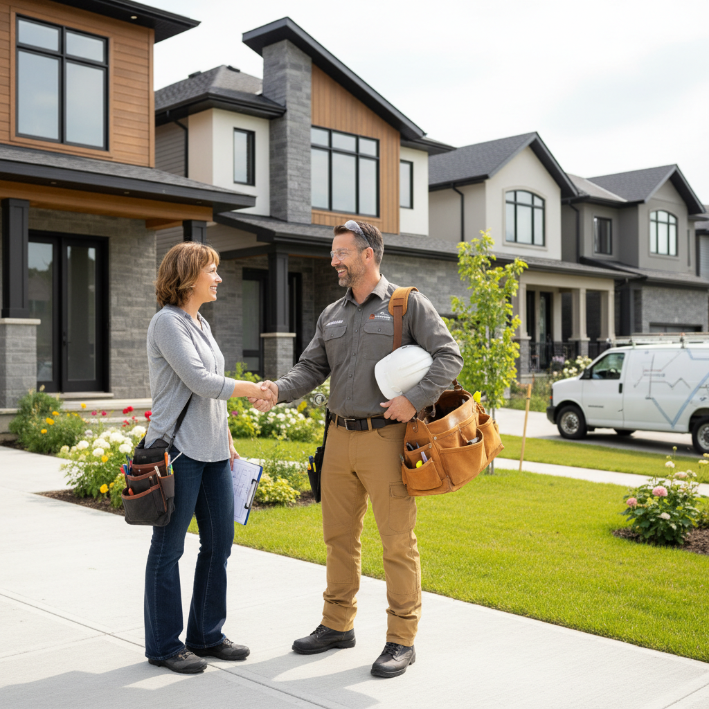 Homeowner greeting two licensed home service professionals at a modern suburban entryway, representing how to find home service professionals quickly