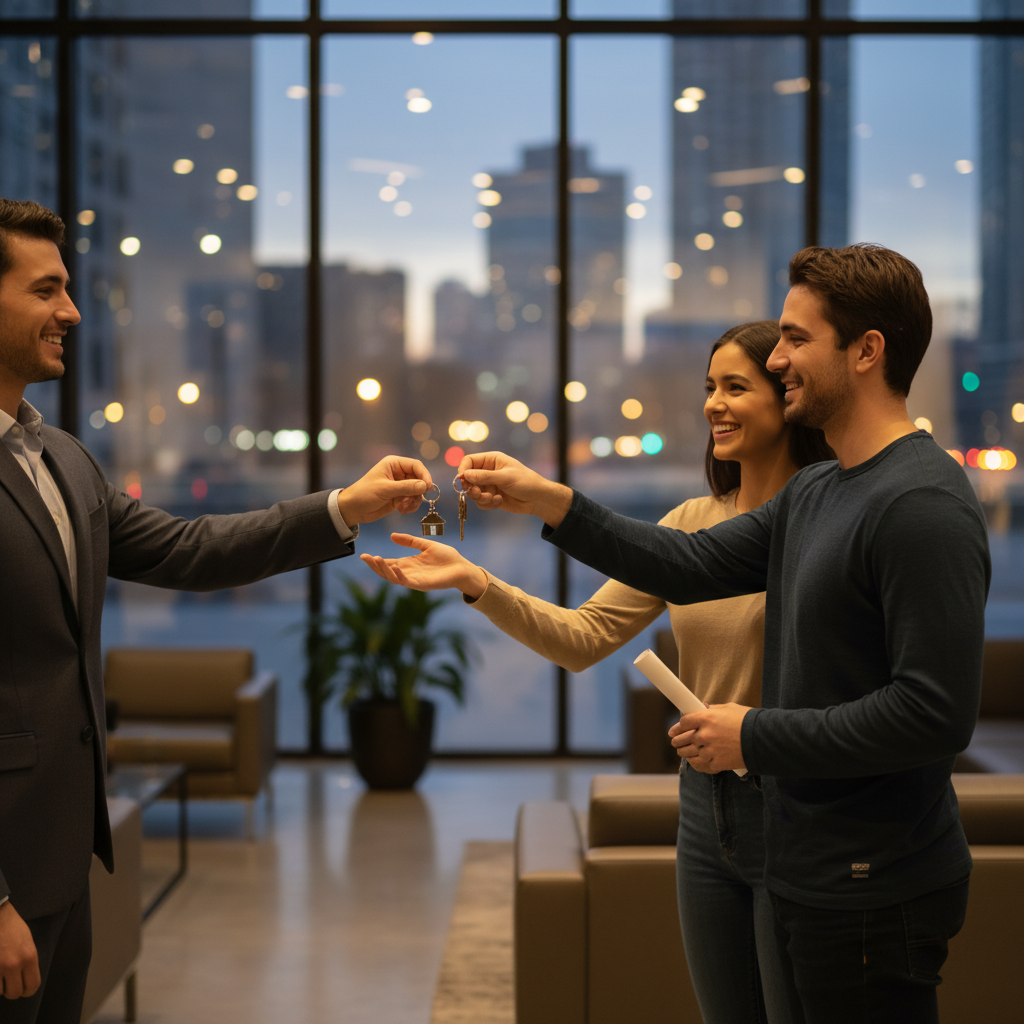 New homeowners receiving keys in a condo lobby after a successful property closing in Toronto