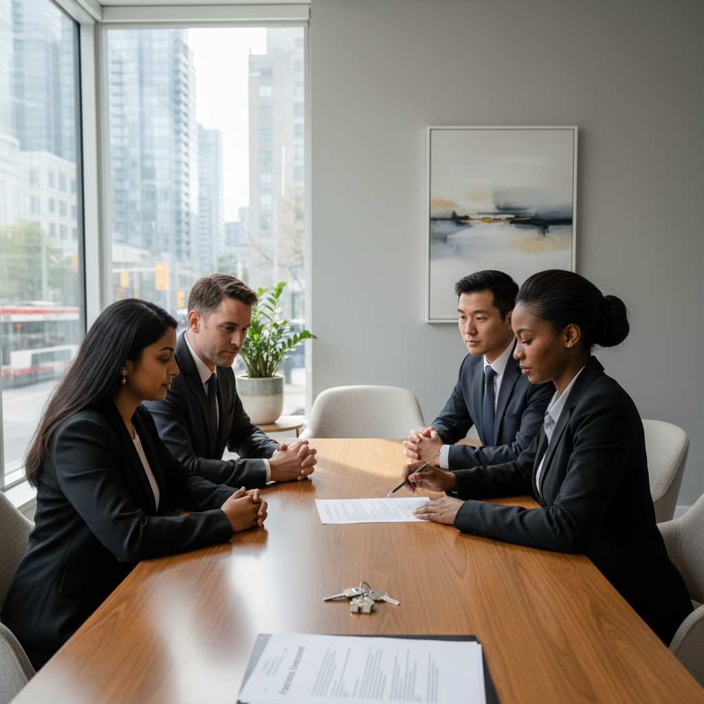 Real estate closing meeting in a modern Toronto law office, clients with lawyer reviewing purchase agreement and keys on the table