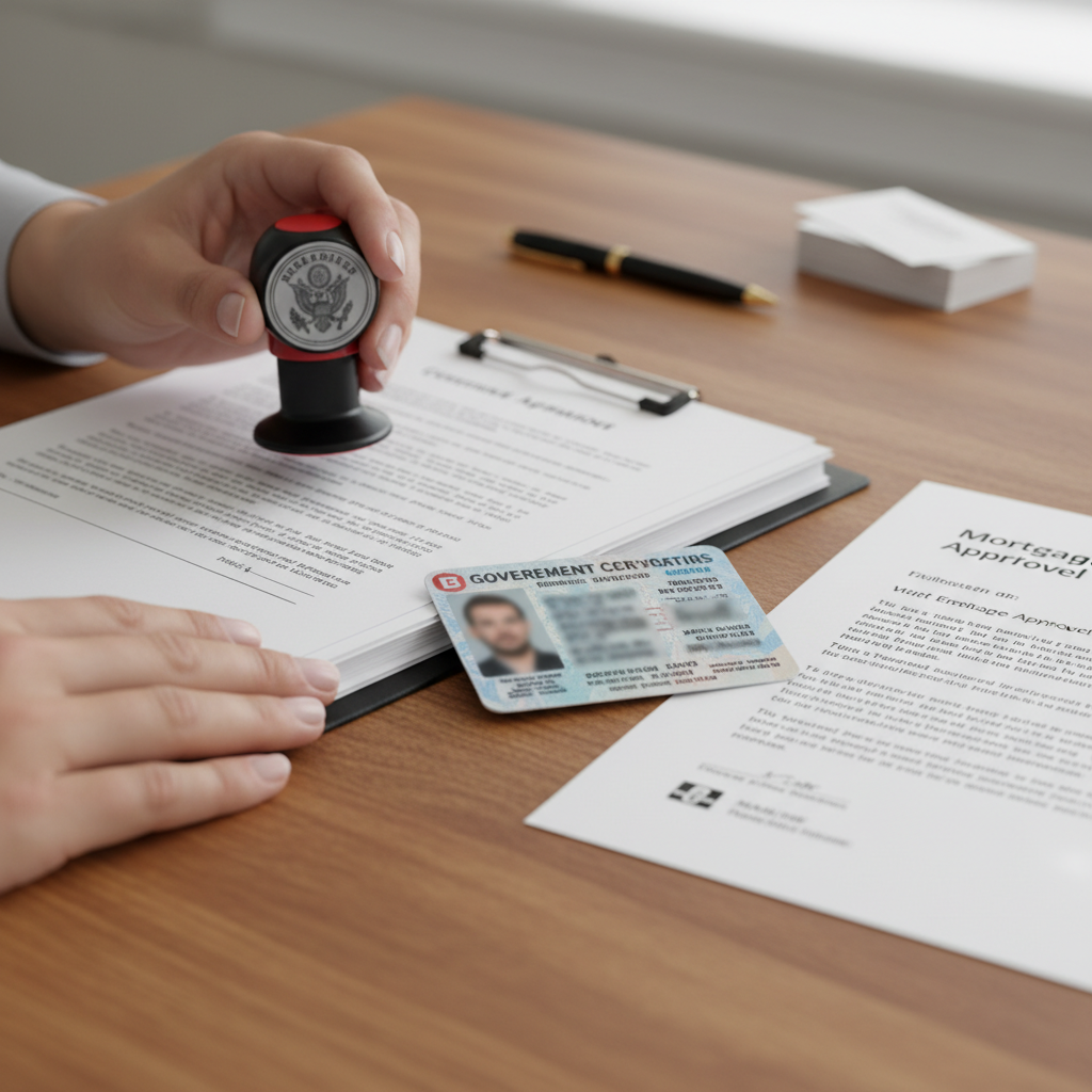 Close-up of property closing documents with ID, mortgage approval, title search papers, and a notary stamp organized on a desk for how to prepare for property closing