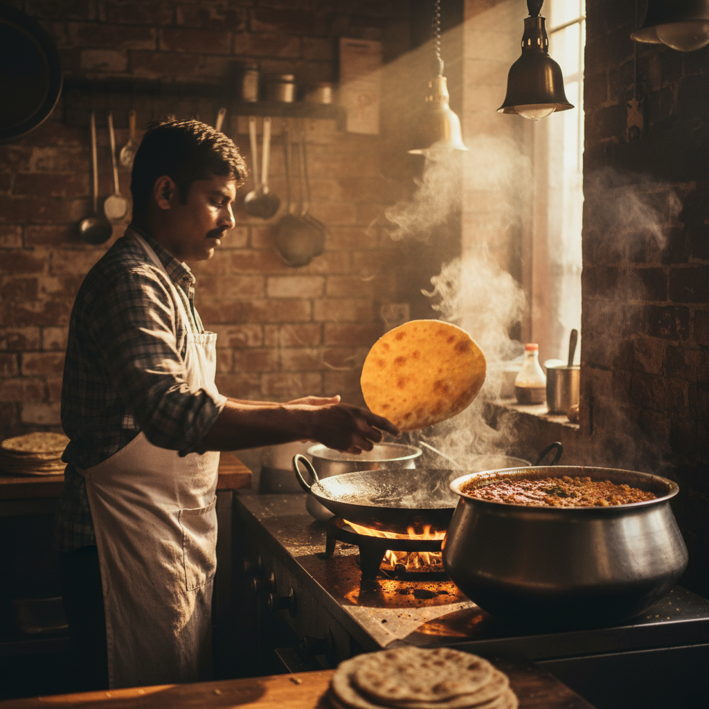 Amritsari kulcha being flipped on a hot tawa beside simmering chana—street food craft captured in a Brampton kitchen