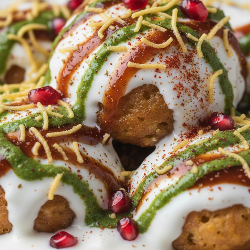 Dahi bhalla close-up with yogurt, tamarind and mint chutneys, sev, and pomegranate—an iconic North Indian street food chaat in Brampton