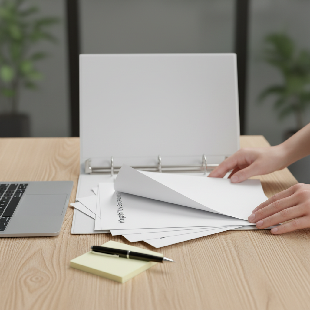 Close-up of vendor registration documents being organized for MERX registration support guide