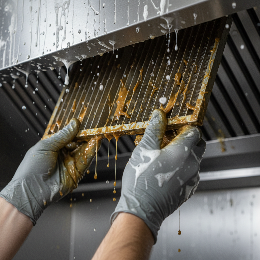 Technician removing a greasy baffle filter for kitchen exhaust cleaning, showing degreasing details and safe PPE to prevent cleaning hazards