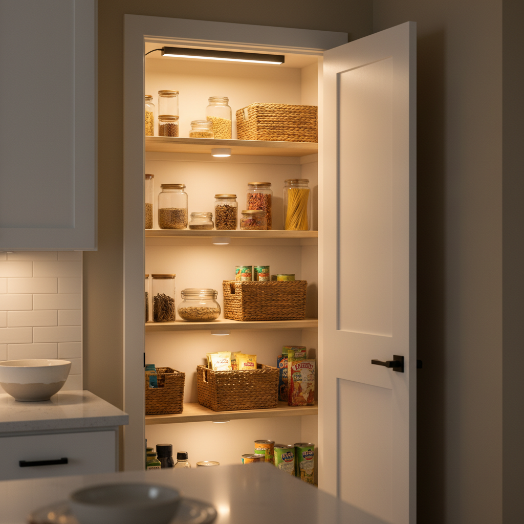 Best Pantry Lighting Options for Small Homes in 2026 2 Motion-sensor puck lights and a battery light bar switching on inside a compact pantry, demonstrating hands-free pantry lighting design ideas