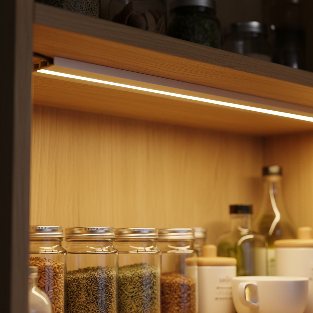 Best Pantry Lighting Options for Small Homes in 2026 1 Close-up LED strip lighting under pantry shelf with diffuser channel and concealed wiring for clean pantry lighting design ideas
