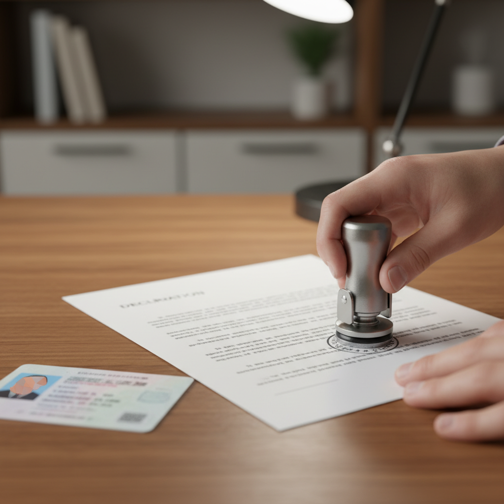 Close-up of a notary seal applied to a statutory declaration document in an Ontario law office