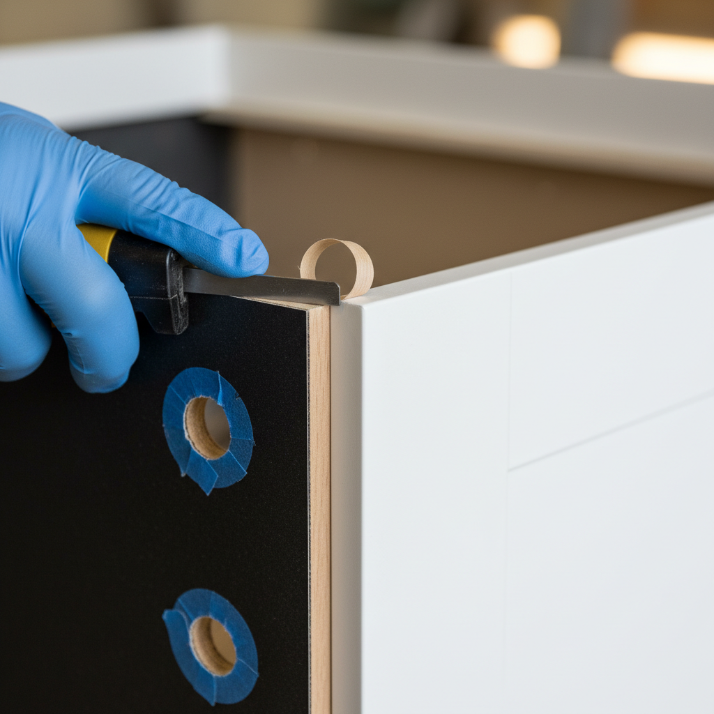 Close-up of veneer being applied to a cabinet door edge during refacing in a Toronto kitchen, showing technical detail and smooth finish