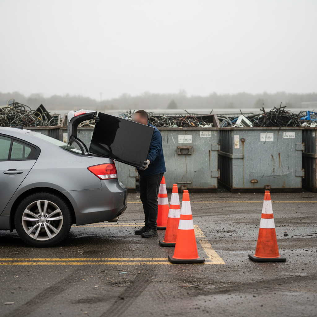 Customer unloading a TV at an Etobicoke recycling drop-off area for safe e-waste handling