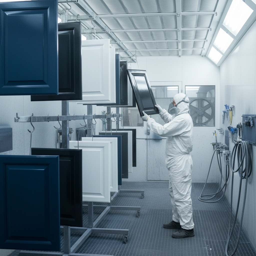 Professional spray booth scene with cabinet doors drying on racks, illustrating high-quality finishing in a GTA cabinet refacing project