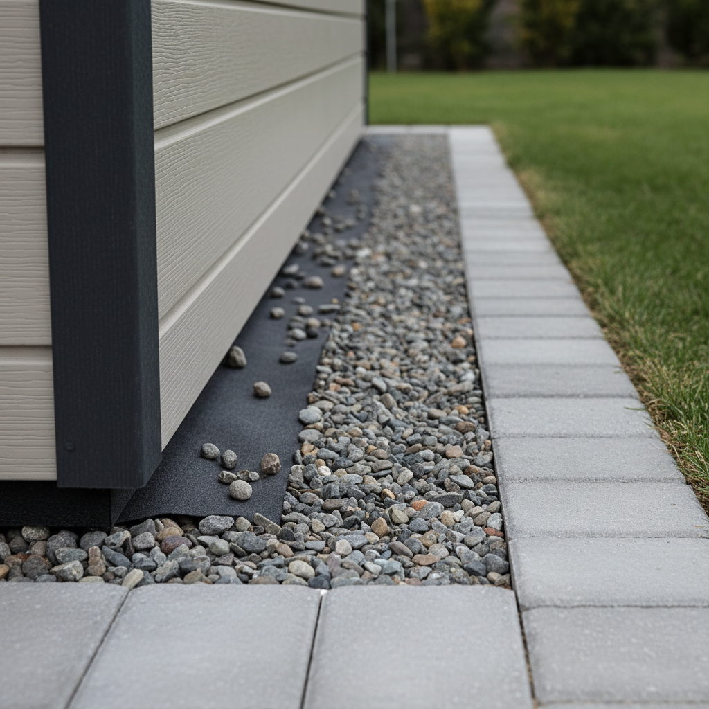 Close-up of shed base layers with geotextile, compacted gravel, and paver edge restraint for garden shed placement