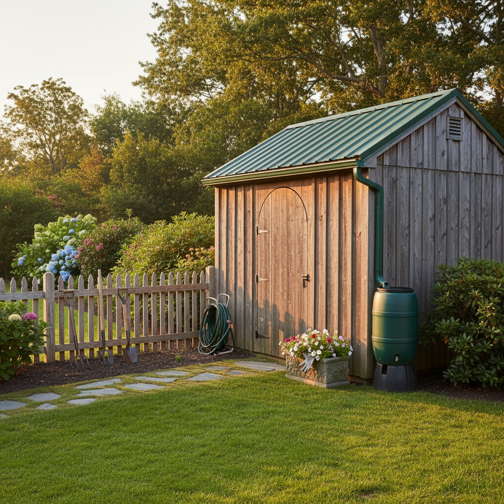 Garden shed placed with proper setback from fence, clear door space, and a paver stepping route for safe access in Mississauga