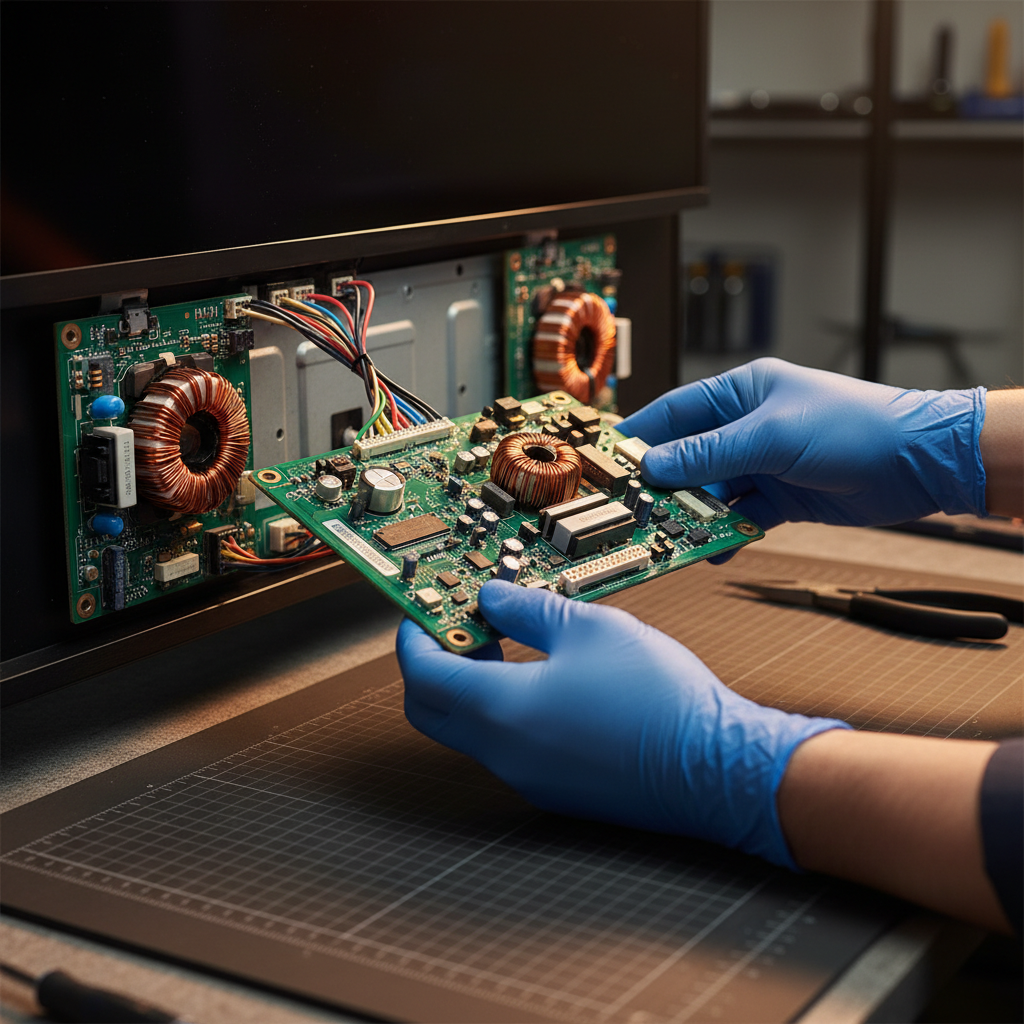 Close-up of safe TV recycling: removing a circuit board to recover copper and components