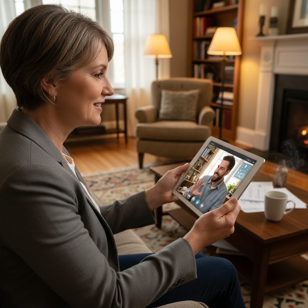 Mortgage broker video call with homeowner discussing loan options on a tablet, showing flexible support beyond office hours