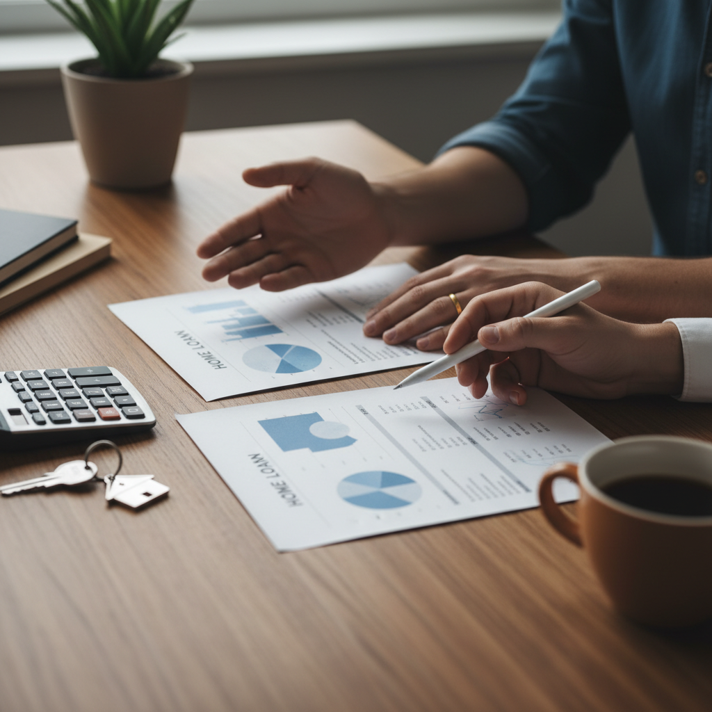 Close-up of hands reviewing home loan documents with calculator and house keys, illustrating independent mortgage broker process