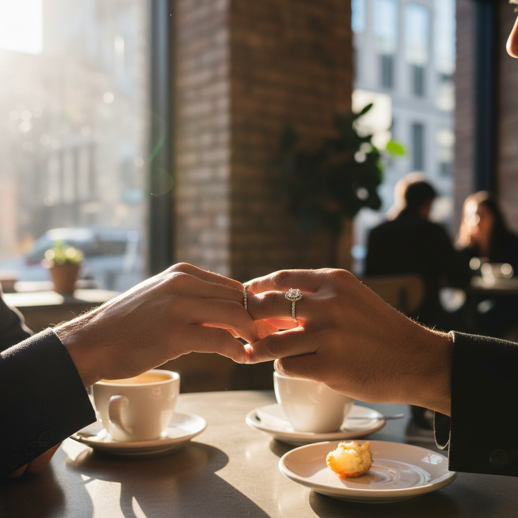 Lifestyle in Manhattan: couple stacking an eternity band with an engagement ring in warm window light