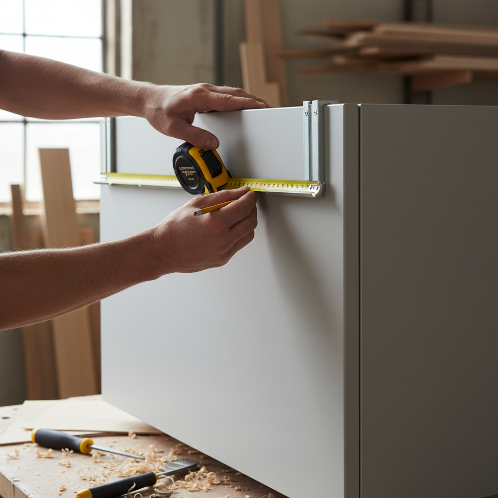 Kitchen Cabinet Hardware Tips: A Selection Guide (2026) 2 Installer measuring and marking cabinet handle placement with a jig for accurate kitchen cabinet hardware installation
