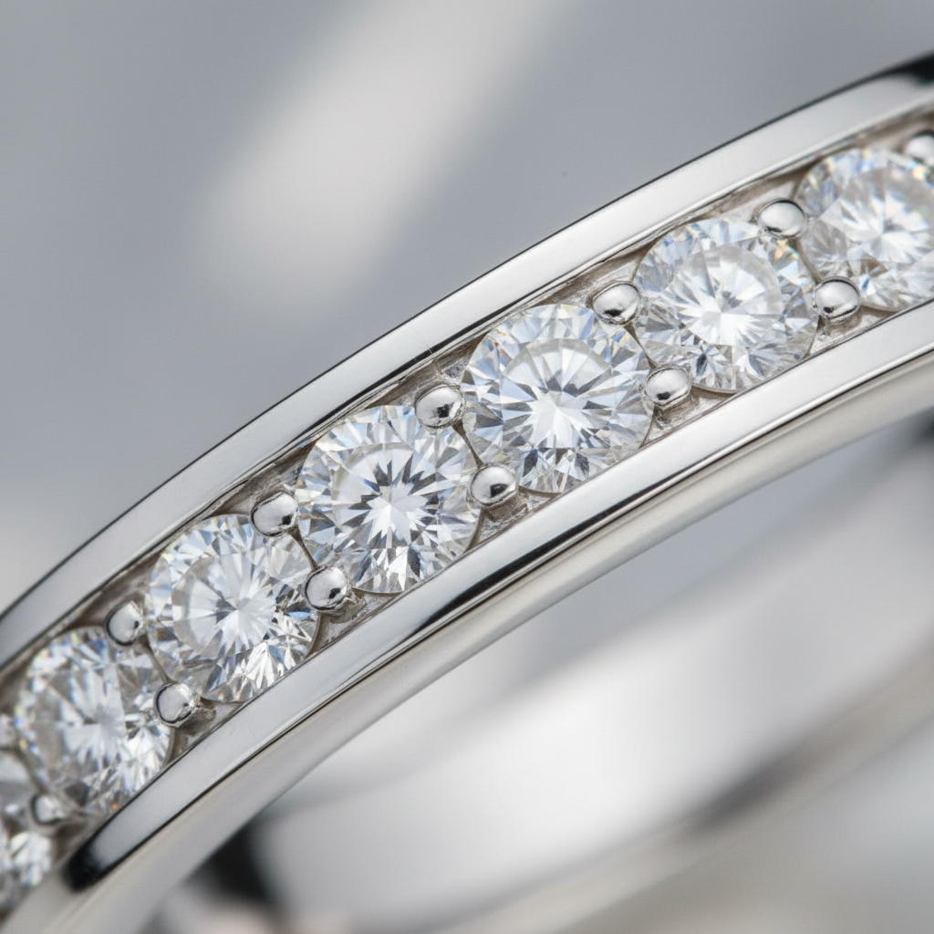 Macro close-up of a channel-set white gold diamond anniversary band showing precise metalwork and brilliant facets