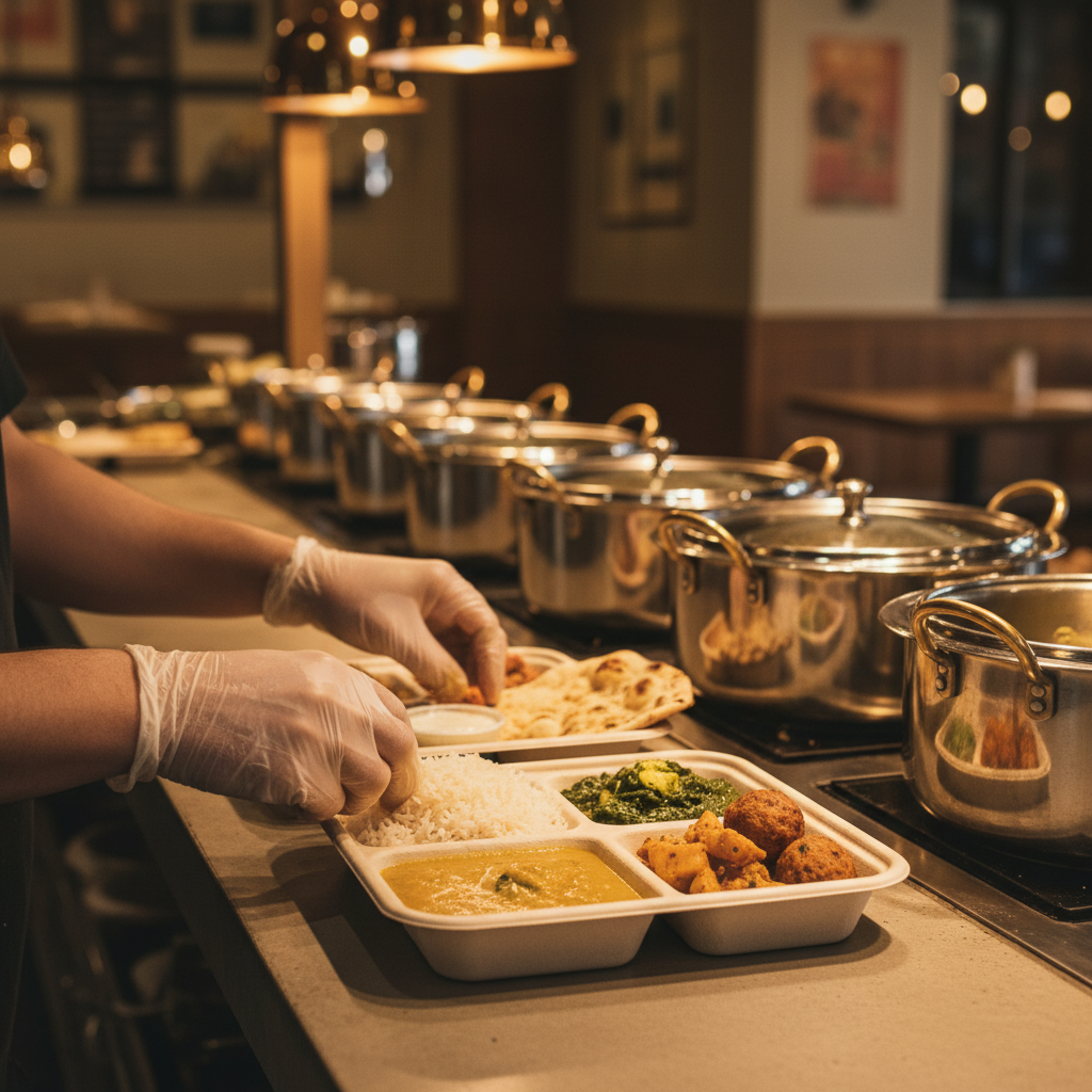 Vegetarian thali being packed for takeout in Brampton, showing balanced portions for thali meal combinations nutrition