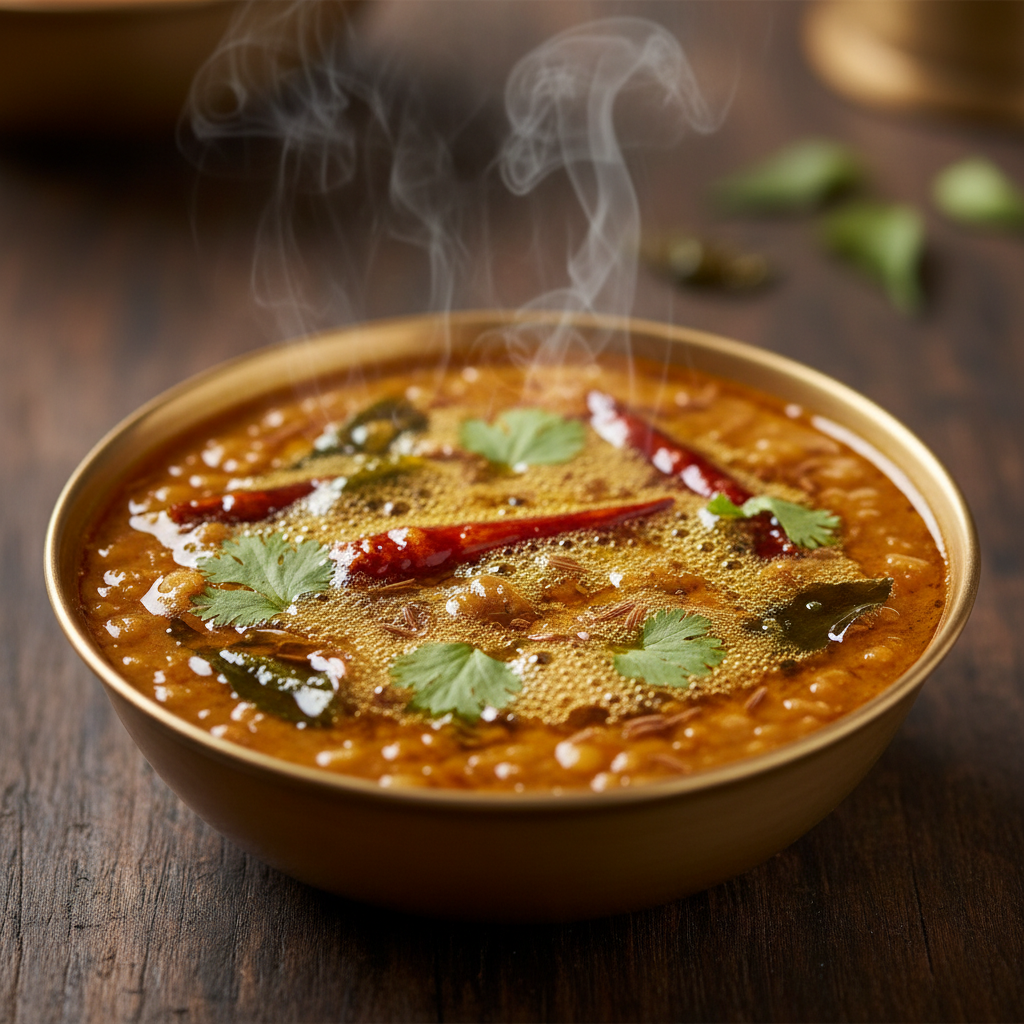Close-up dal tadka for balanced thali nutrition with ghee tempering and cilantro