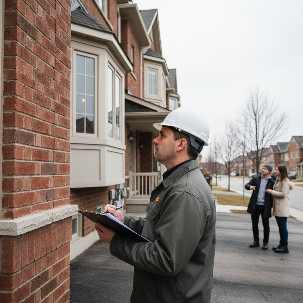 Home inspector reviewing a Brampton townhouse exterior during a conditional offer period