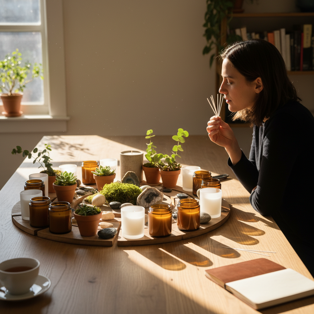 Person testing candle fragrance families with blotter strips in a cozy workspace