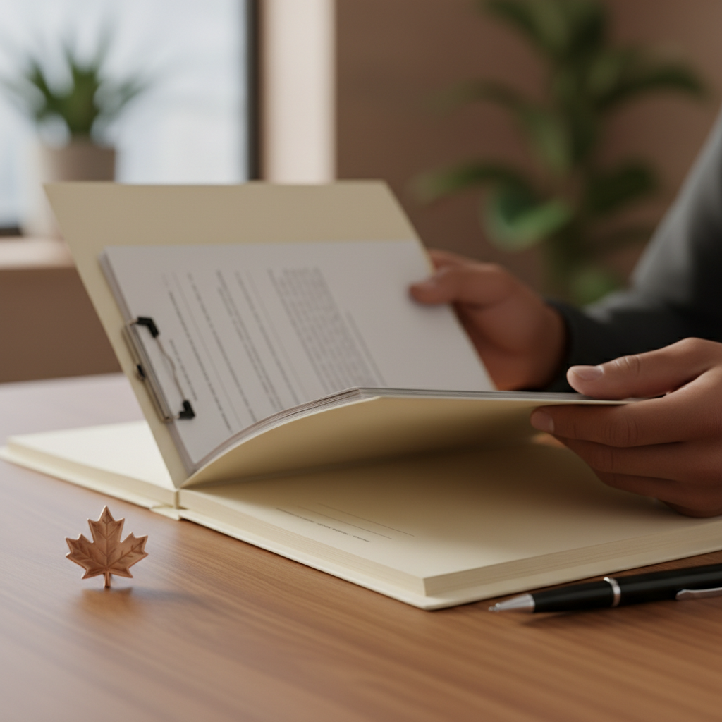 Investor visa requirements in Canada documentation: hands reviewing an immigration application folder with maple leaf pin, emphasizing lawful funds and business experience evidence