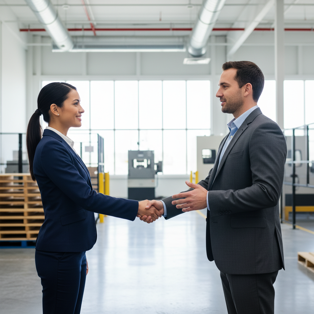 Entrepreneur touring a light-industrial workspace in Mississauga with a consultant, illustrating provincial entrepreneur stream requirements for active management and local jobs