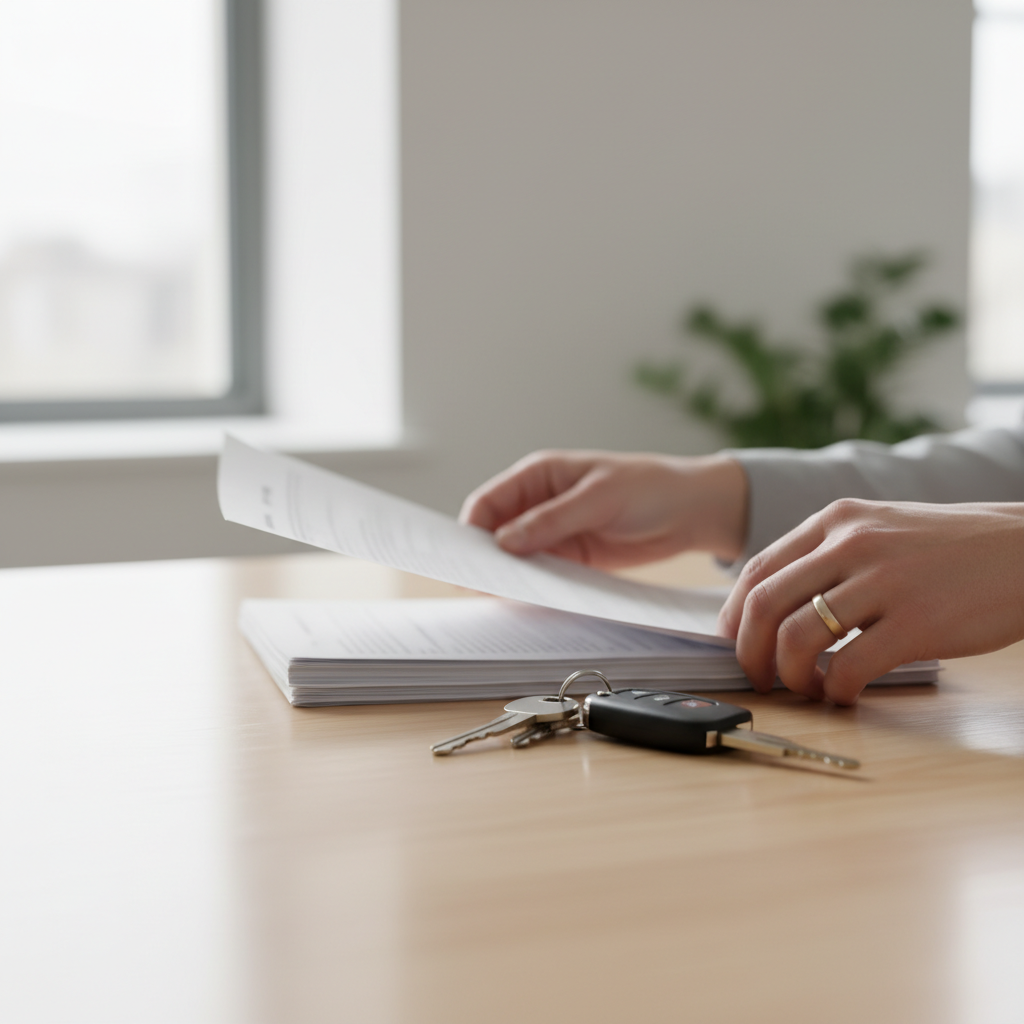 Close-up of documents, car keys, and hands preparing for suspended license reinstatement in Ontario