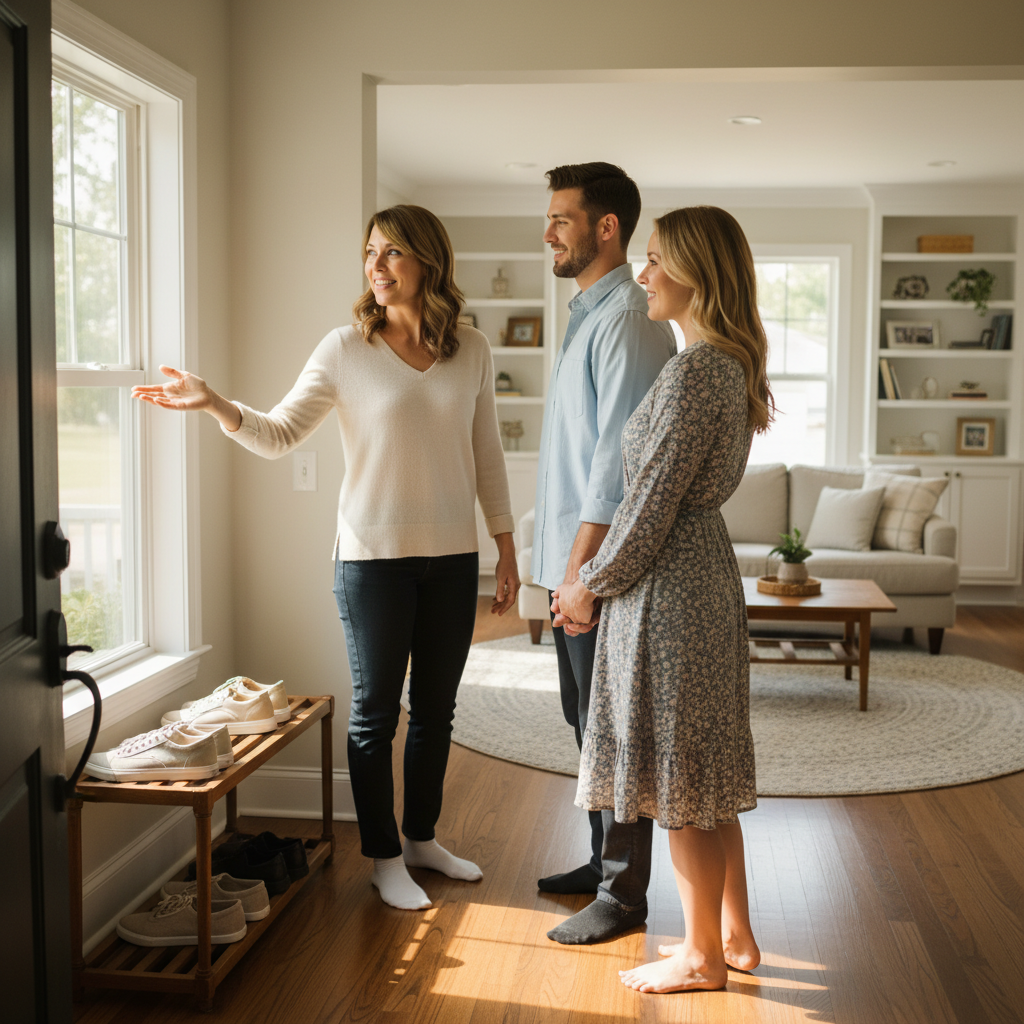 Home viewing hosted by a for sale by owner seller greeting prospective buyers at the entryway in warm afternoon light