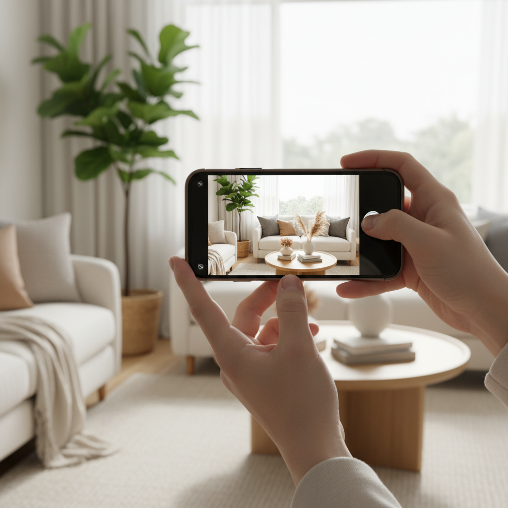 Taking high-quality listing photos for a for sale by owner checklist on a smartphone with natural light and staged living room