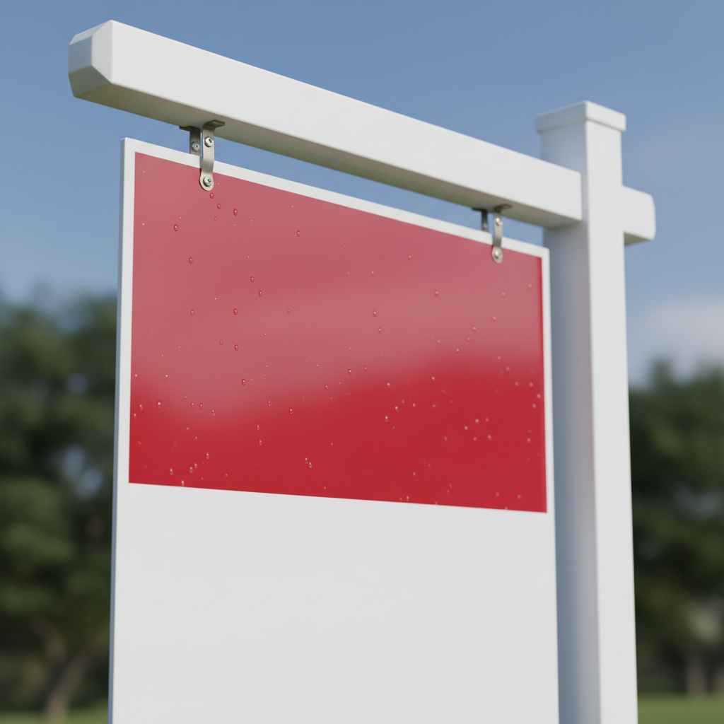 Close-up of durable aluminum composite real estate sign panel with metal brackets and grommet, showcasing what makes a good for sale sign weather-resistant